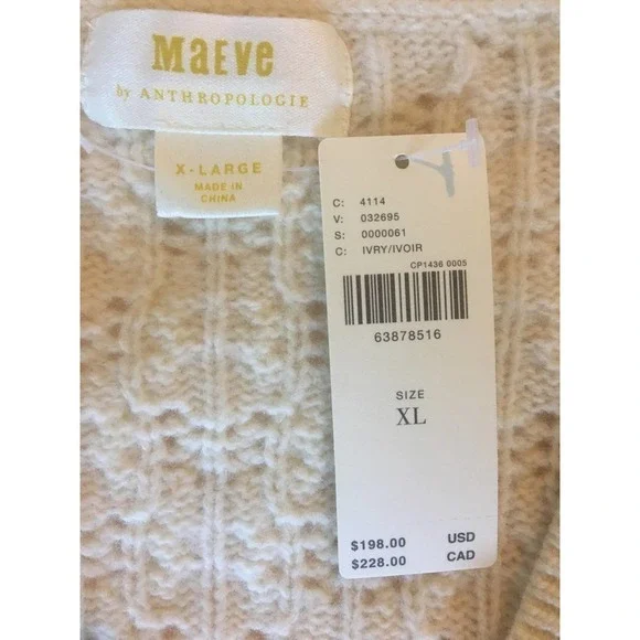 Anthropologie Maeve V-Neck Cable-Knit Lamb's Wool Sweater Women’s Size XL Ivory - Picture 7 of 12